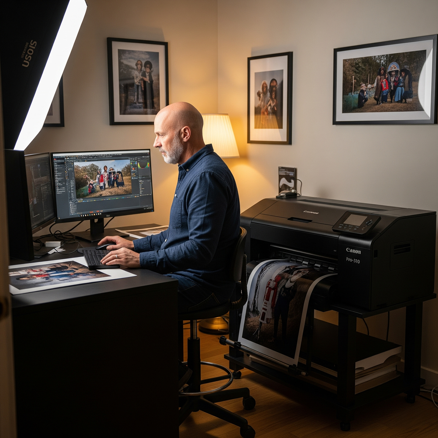 A man working on photo editing at a desk with dual monitors, a large printer, and framed family photographs on the wall.