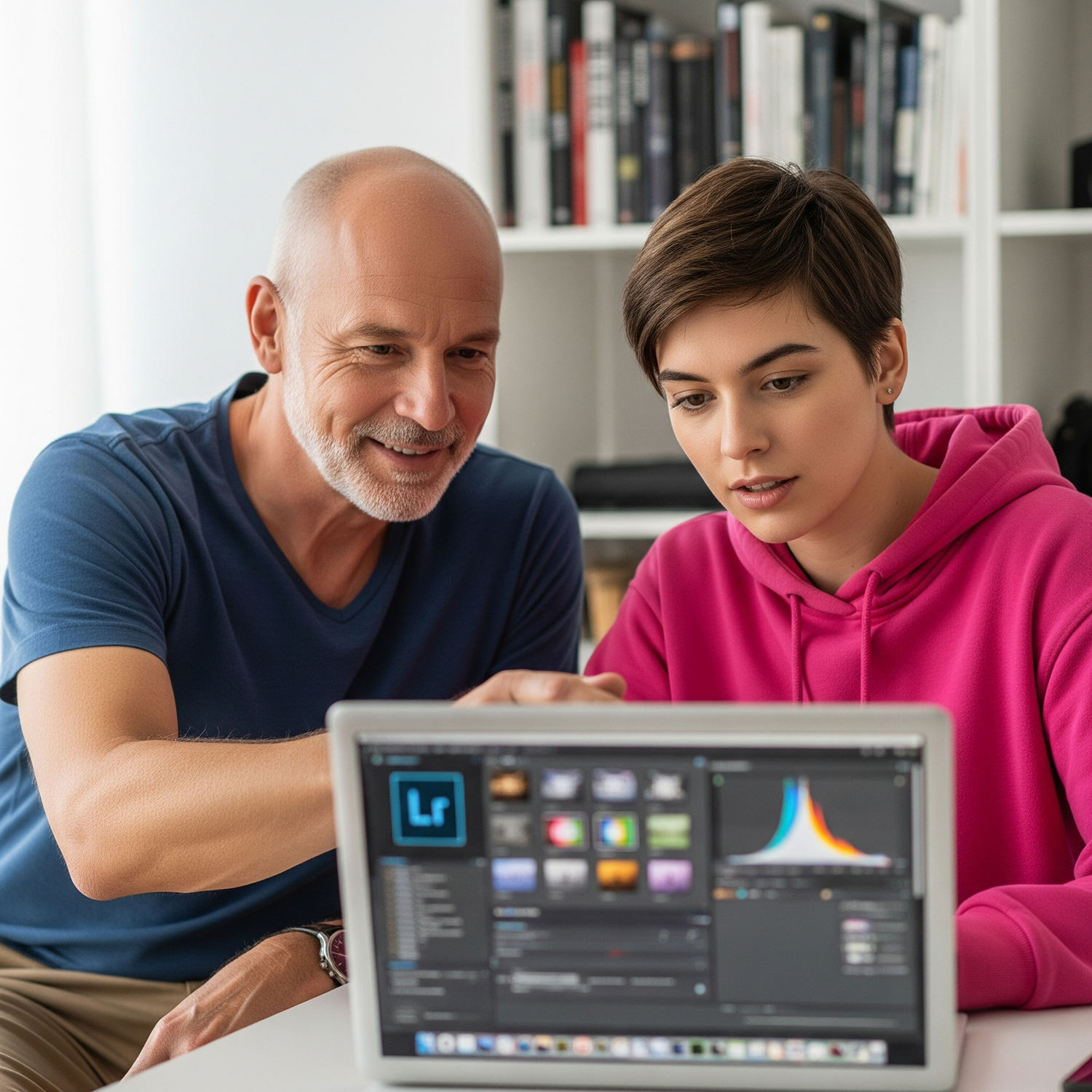 An older man and a young woman are sitting at a table looking at a laptop screen displaying photo editing software. The man is smiling and wearing a blue shirt, while the woman looks focused and wears a pink hoodie.