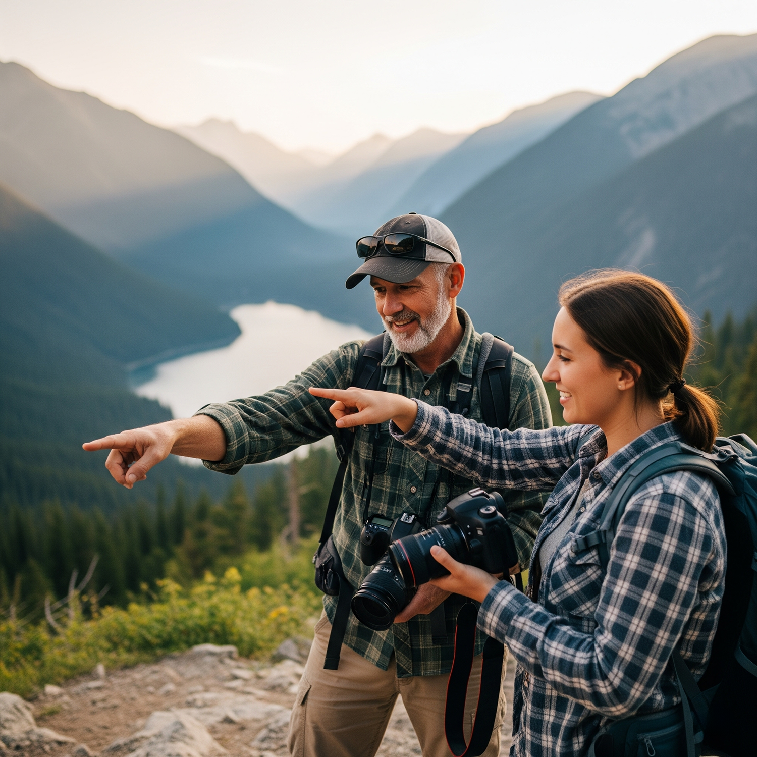 A man and a woman hiking in a mountainous area with a lake in the background. The man is pointing at something, and the woman is holding a camera, both smiling.