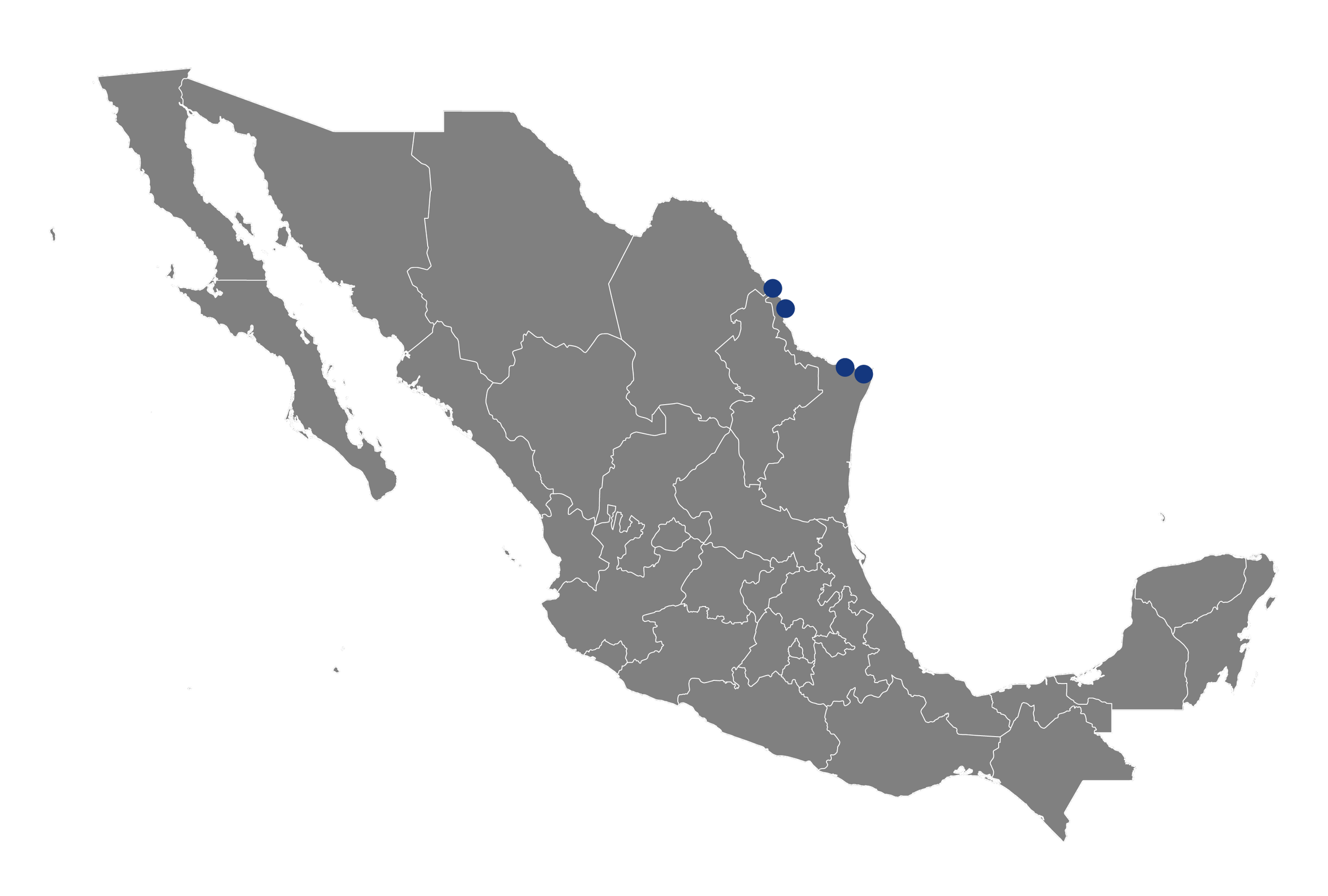 Mapa de México con algunos estados destacados marcados con puntos azules en la región noreste