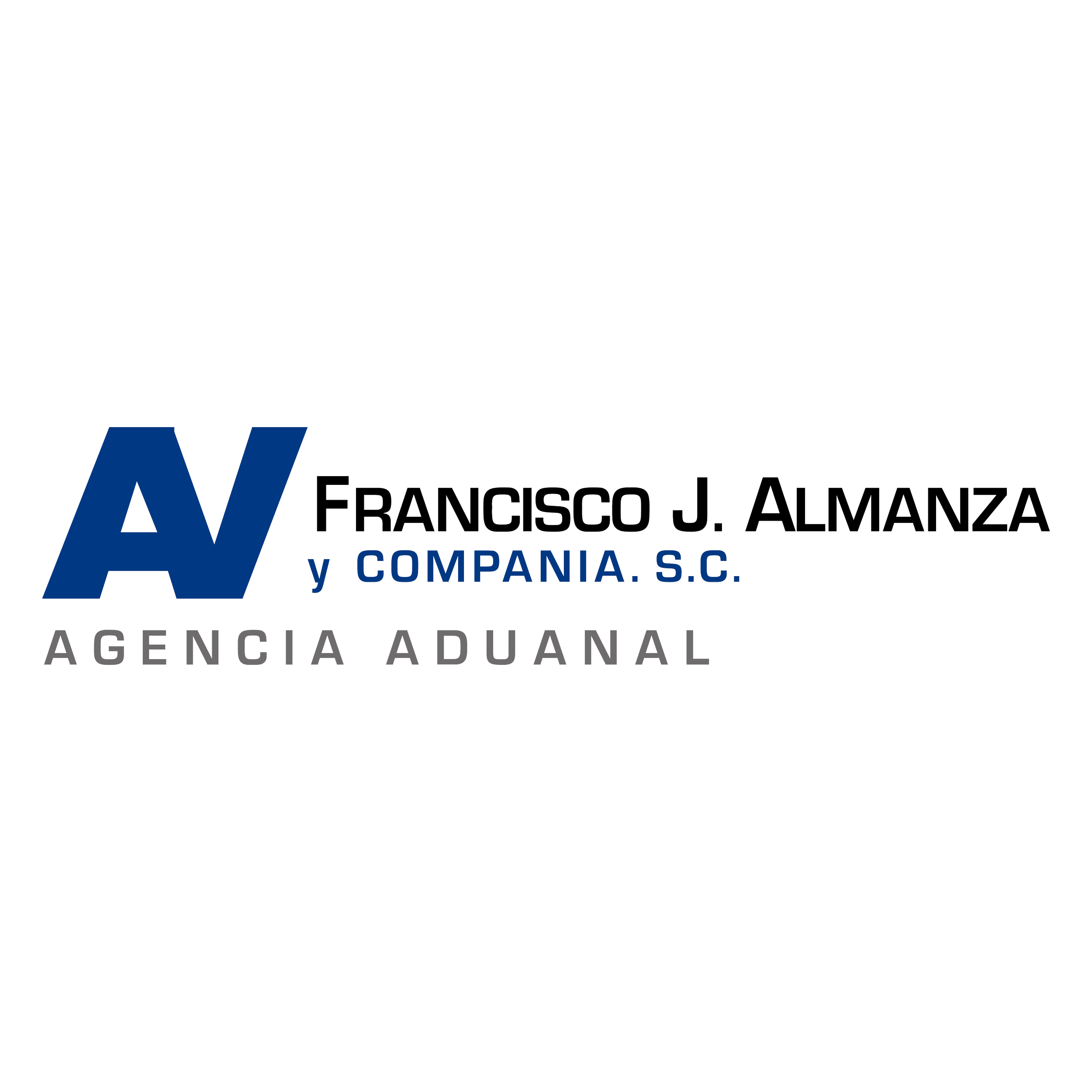 Logotipo de una agencia aduanal con las letras AV y el texto "Francisco J. Almanza y Compañía S.C. Agencia Aduanal".