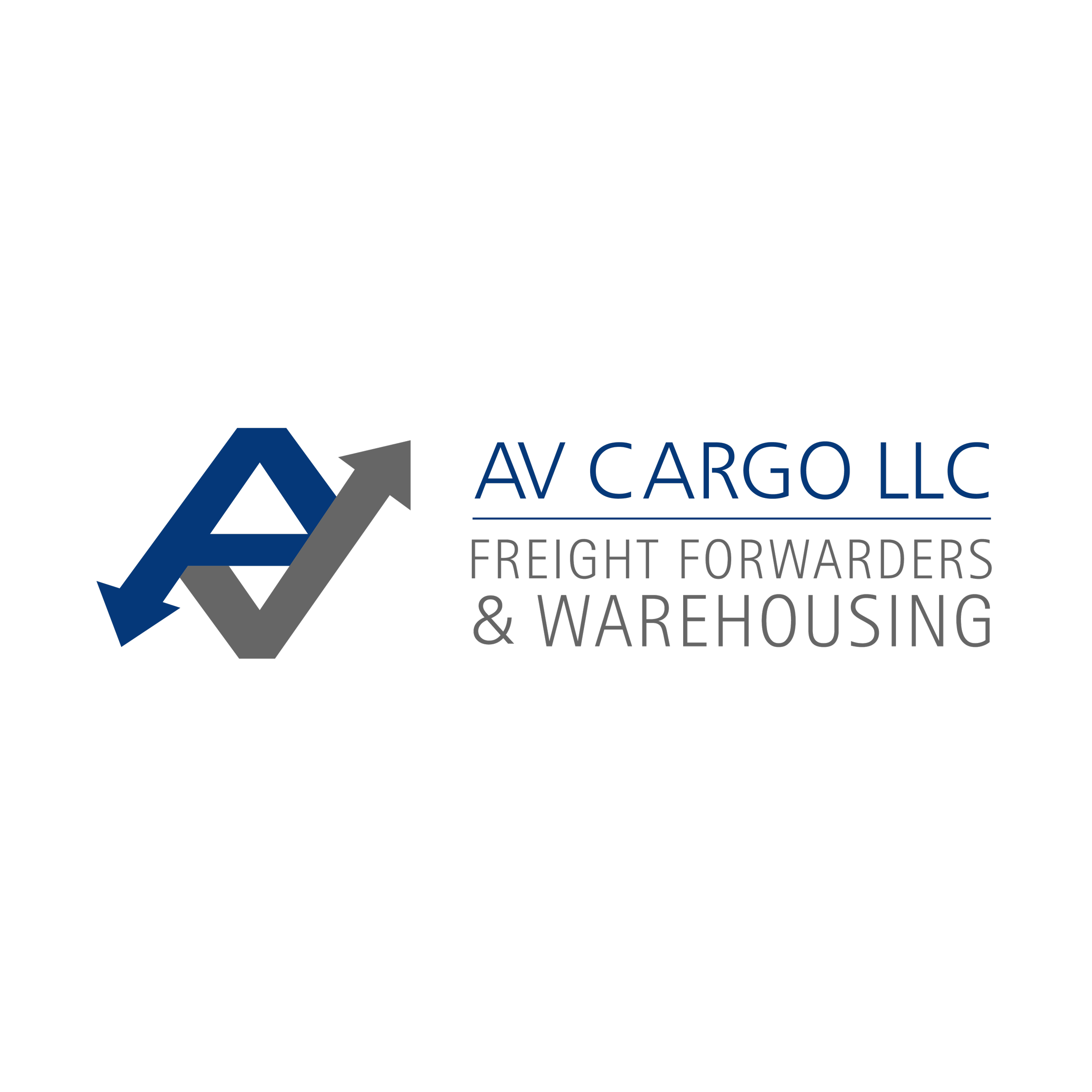 Logotipo de AV Cargo LLC con flechas azul y gris, acompañado de texto "Freight Forwarders & Warehousing" sobre fondo negro.