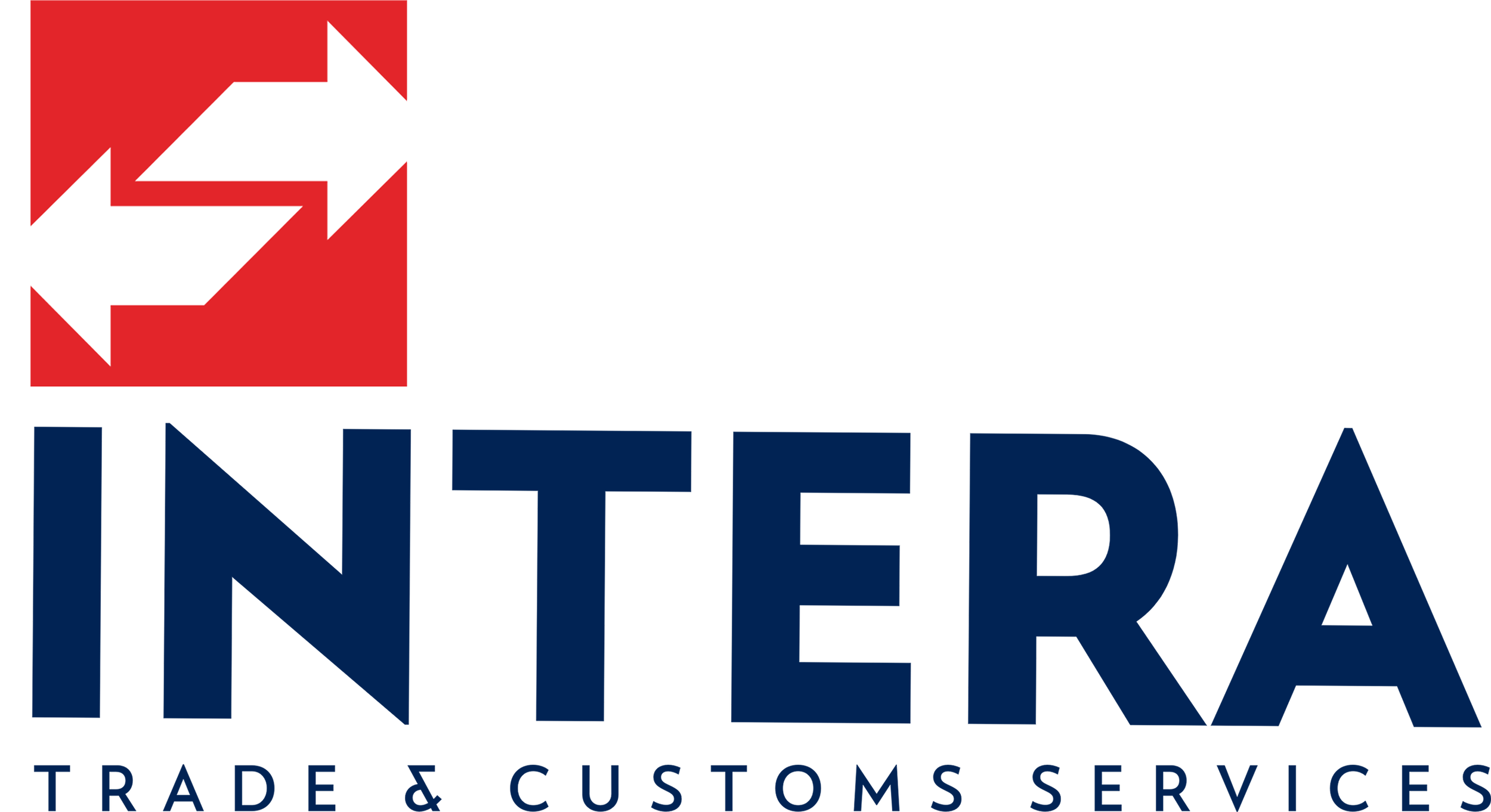 Logotipo de Intera Trade & Customs Services con flechas en un cuadro rojo y texto en azul.