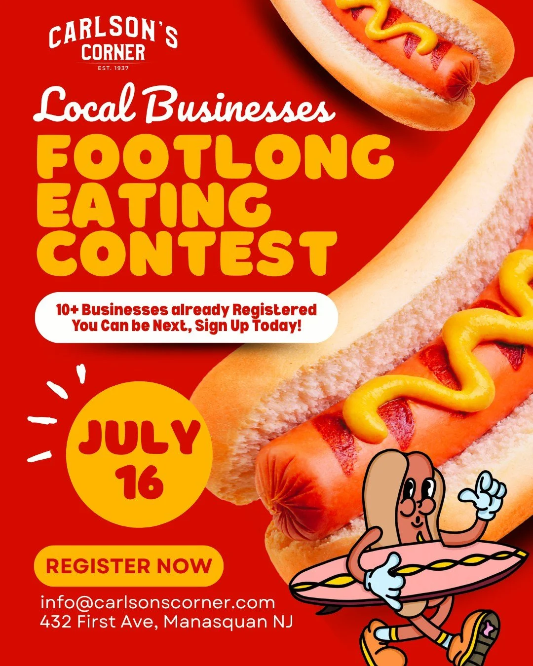 🌭🚨 Only a few spots left for the Footlong Hot Dog Eating Contest at Carlson&rsquo;s Corner! Over 10 businesses are already in. Sign up now to claim your spot: info@carlsonscorner.com
.
.
.
#FootlongHotDogEatingContest #CarlsonsCorner #Manasquan #Ho