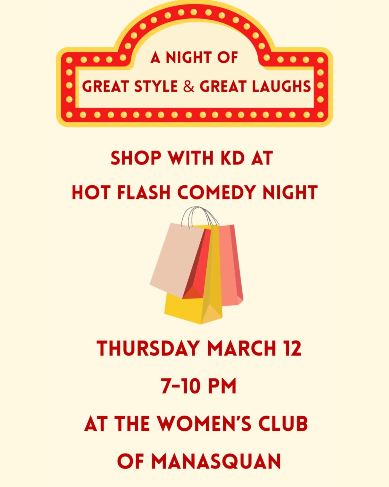 A night of great style &amp; great laughs is coming to Manasquan 🛍️😂

Join us for Hot Flash Comedy Night and shop the Hot Flash Sale during the event with Kristen Dahl

📍 Women&rsquo;s Club of Manasquan 
📅 Thursday, March 12 
🕖 7&ndash;10 PM
🎟️