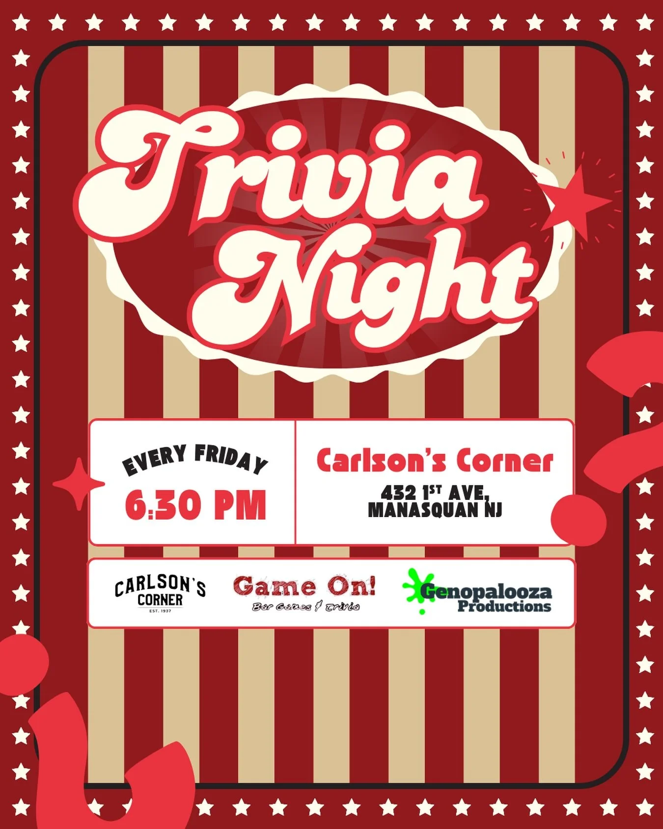 Trivia Night at Carlson&rsquo;s Corner goes down every Friday at 6:30 PM in Manasquan. Grab your crew, get there early, and put that random knowledge to work.
.
.
.
#TriviaNight #CarlsonsCorner #ManasquanNJ #JerseyShoreEvents #FridayNightPlans