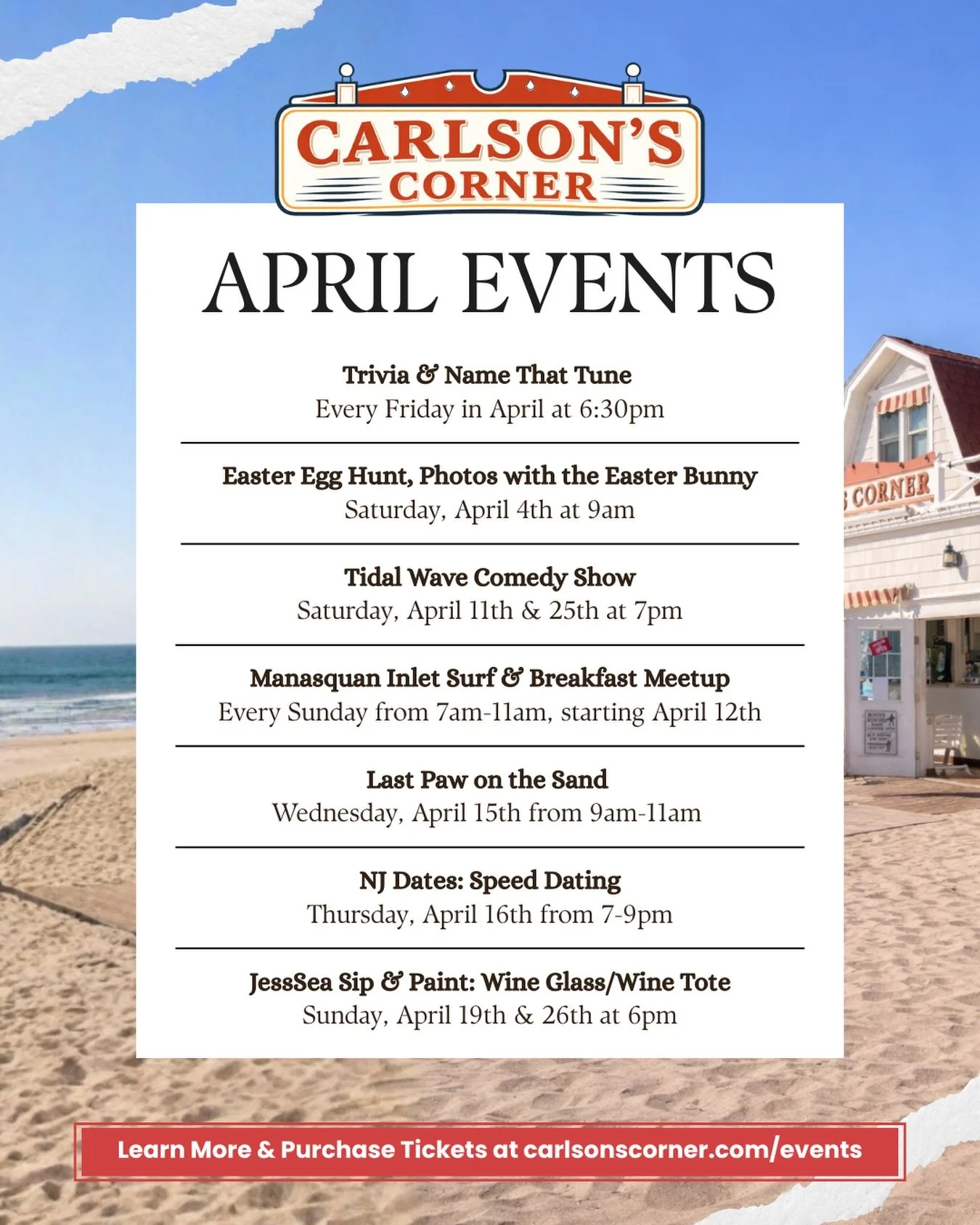 April is packed at Carlson&rsquo;s Corner! ☀️

From comedy shows and trivia to beachside meetups, Easter fun, and sip &amp; paint, there&rsquo;s something for everyone.

Grab your friends, plan your nights, and don&rsquo;t miss out.

Get tickets and 