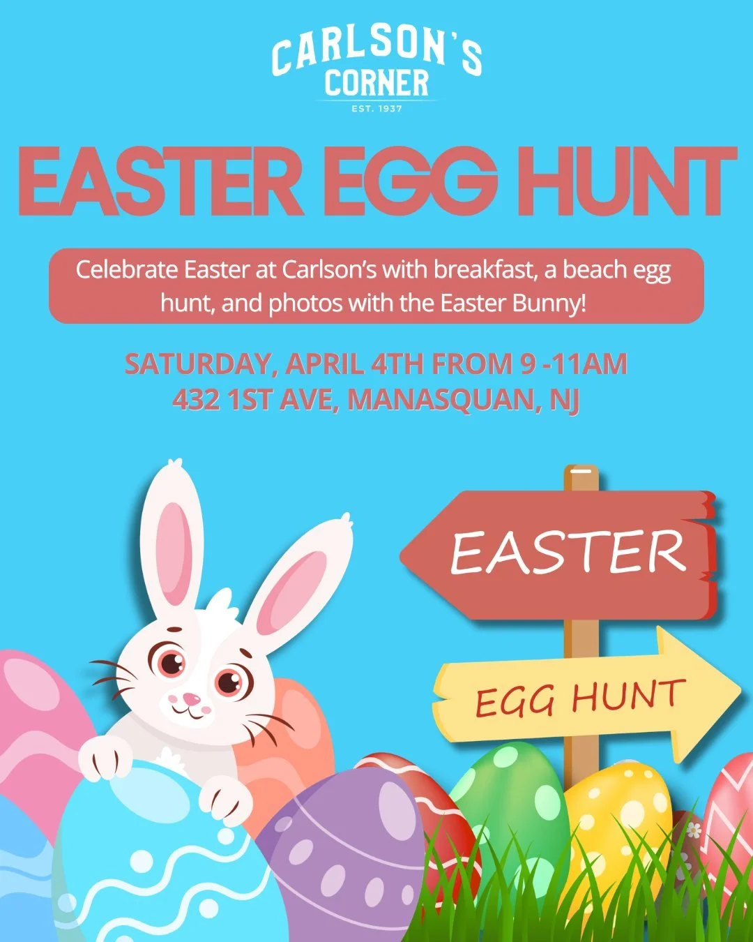The perfect way to kick off Easter weekend 🐣 

Meet the Easter Bunny at 9am, head to the beach for a free egg hunt at 10am, and enjoy breakfast at Carlson&rsquo;s.

Join us Saturday, April 4th from 9&ndash;11am, bring the whole family!

#CarlsonsCor