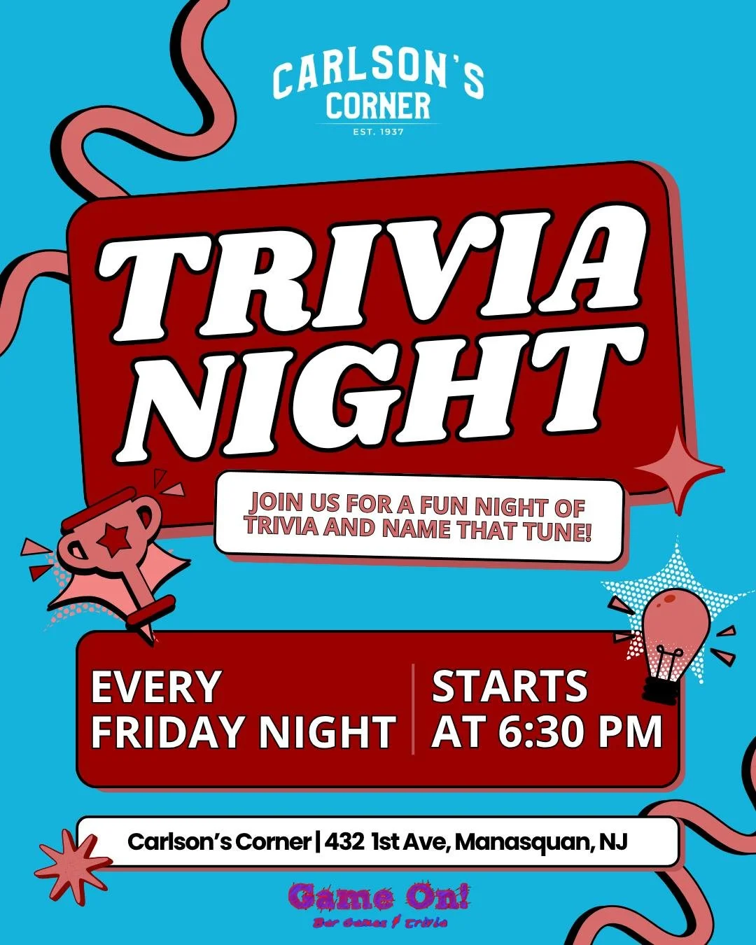 Think you&rsquo;ve got what it takes? 🧠 Join us at Carlson&rsquo;s Corner every Friday at 6:30pm for Trivia Night and Name That Tune, hosted by Game On Bar Games &amp; Trivia.

Grab your crew and see who really knows their stuff.

For more details, 