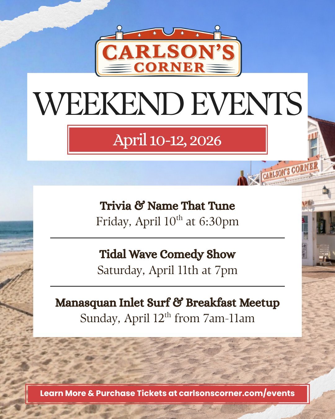 Spend your weekend with us at Carlson&rsquo;s! 🎉

Kick things off with trivia, laugh it up at comedy night, and wrap it up Sunday morning at the inlet for surf and breakfast. 

Get tickets and details at the link in bio 📍

#CarlsonsCorner #Manasqua