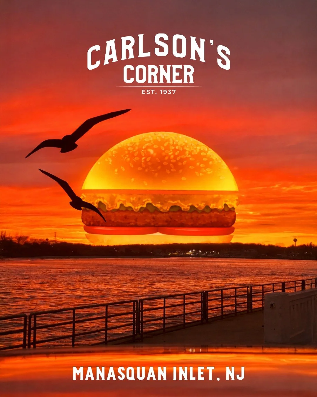 Red sky at night, a Carlson&rsquo;s delight. 🍔🌅

Come see the beautiful views at the Manasquan Inlet!

#CarlsonsCorner #SunsetOrBurger #ManasquanInlet