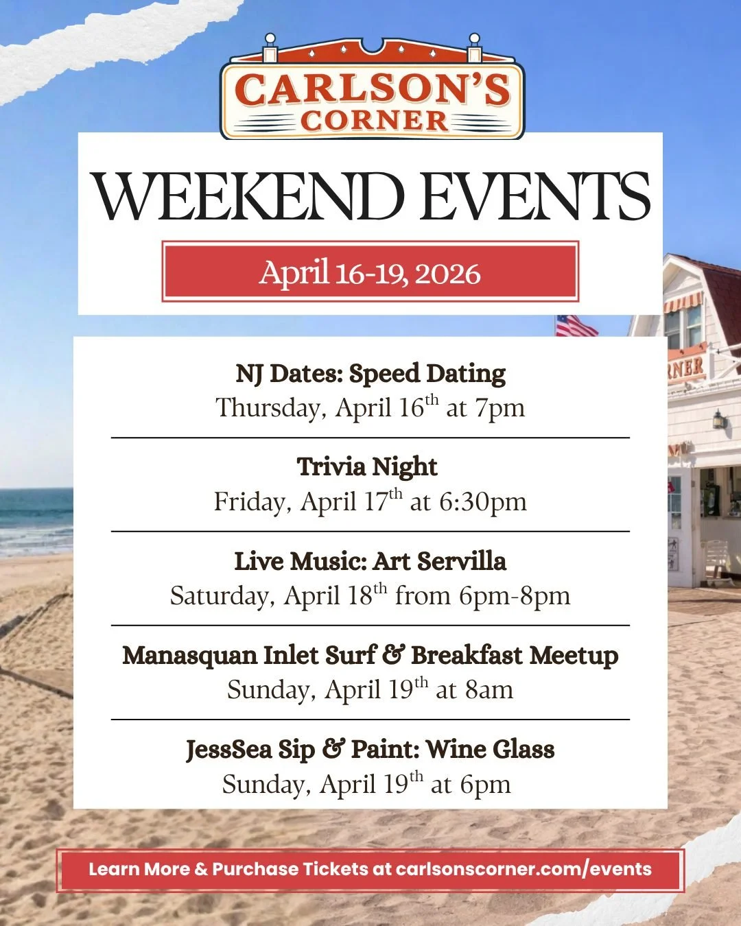 We&rsquo;ve got your weekend lined up 👀

Join us for trivia, live music, a Sunday surf &amp; breakfast meetup, and Sip &amp; Paint to close it out.

Get tickets and details at the link in bio 📍

#CarlsonsCorner #ManasquanNJ #JerseyShoreEvents