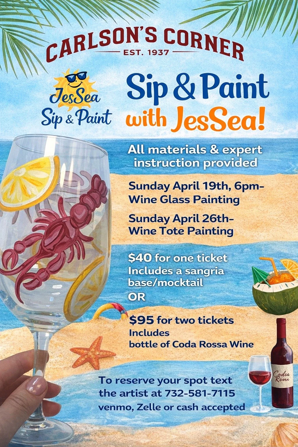 Did you know Carlson&rsquo;s sells Coda Rossa wine? 👀🍷

Join us for a Sip &amp; Paint night with JesSea!

RSVP by texting (732) 581-7115, see you there!

#CarlsonsCorner #SipAndPaint #JerseyShoreEvents