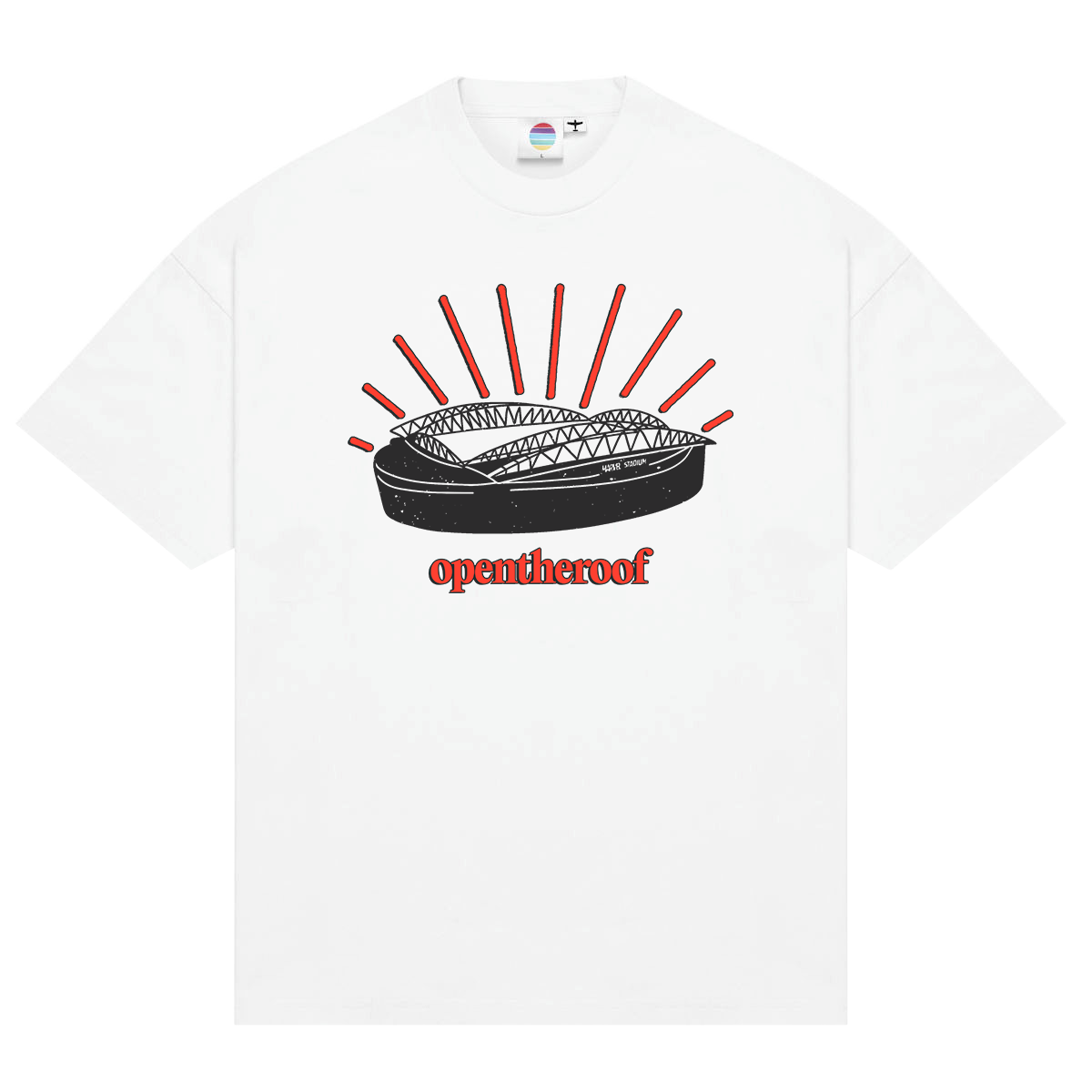 White T-shirt featuring a black and white illustration of a stadium with red lines radiating above and below, and the word "opentheroof" in red text. AFL must open the roof, because we don't like Marvel Stadium!