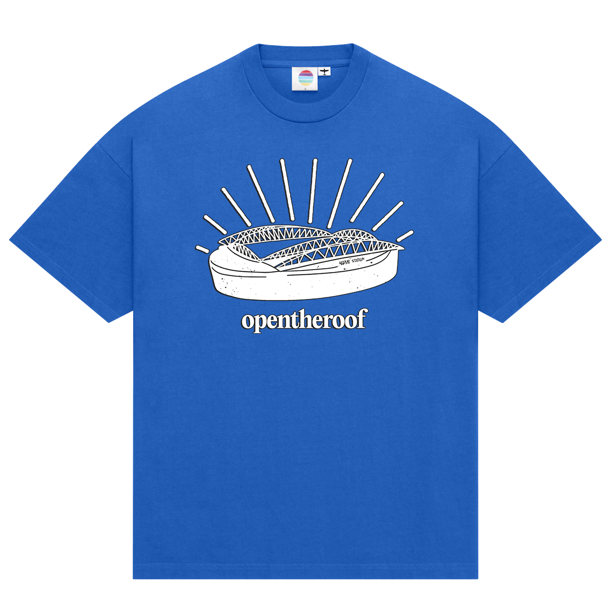 Blue T-shirt with a graphic of a stadium and the text "opentheroof" below it. AFL must open the roof, because we don't like Marvel Stadium!