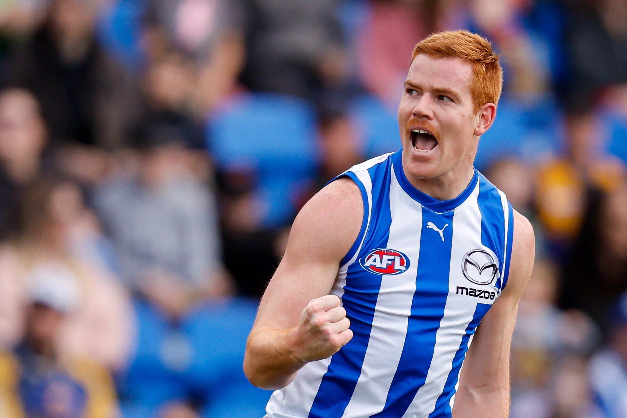North Melbourne kangaroos player toby pink celebrating the fact that the opentheroof campaign is going very well and that Marvel Stadium will have an opentheroof success very soon.