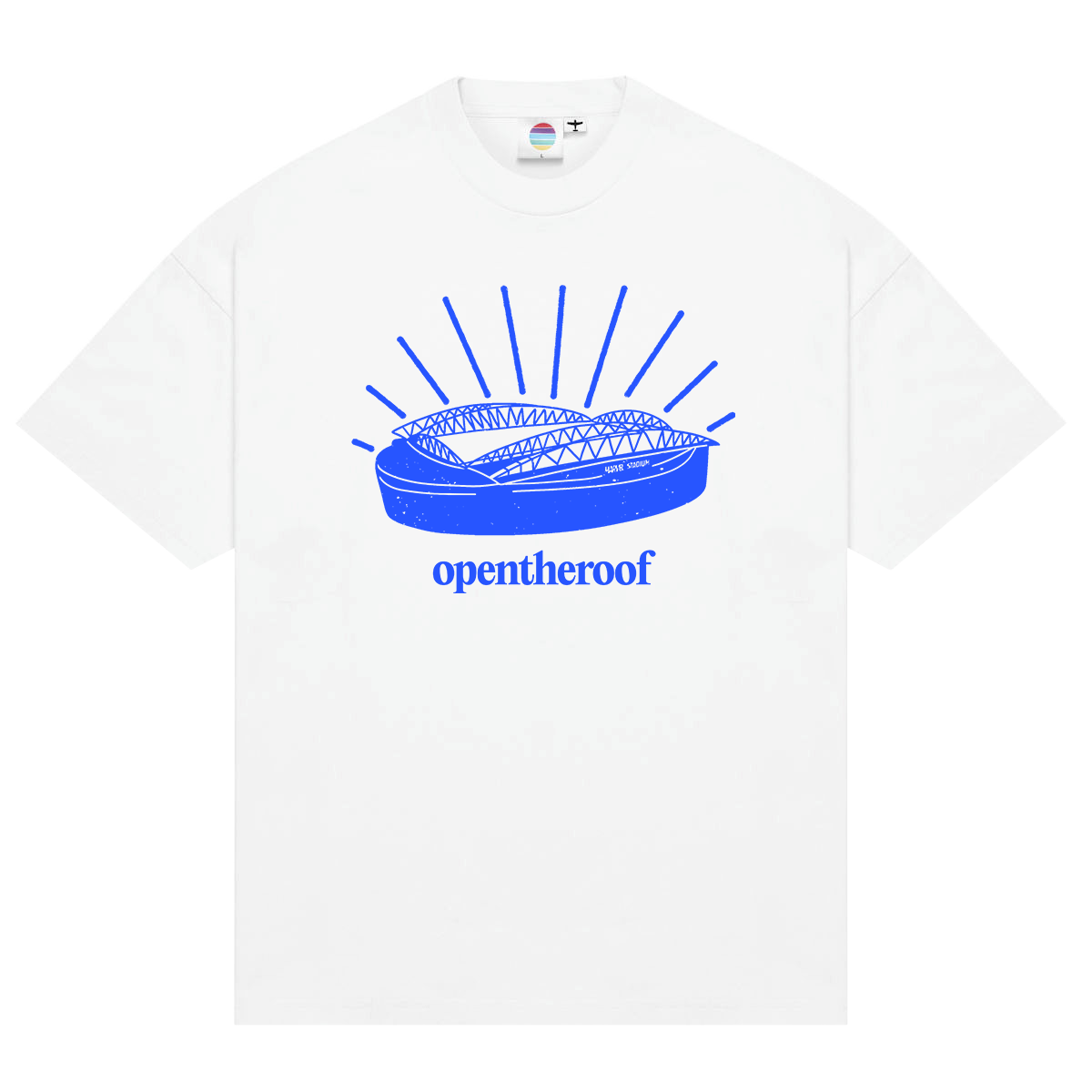 White T-shirt with a blue illustration of a stadium and the words "opentheroof" written below. AFL must open the roof, because we don't like Marvel Stadium!