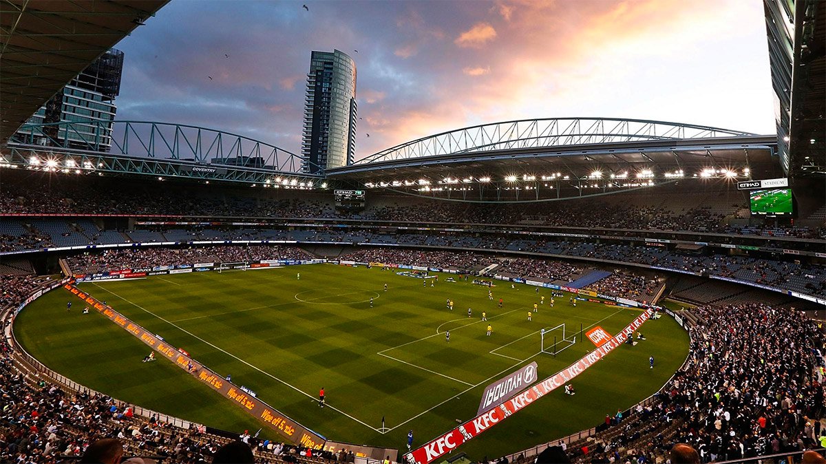 Marvel Stadium with an opentheroof. The roof is open at Marvel stadium for soccer matches.