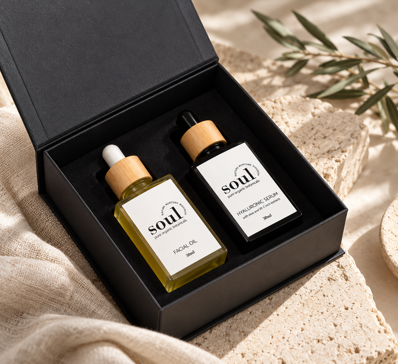 Gift Box Set with Hyaluronic Serum and Facial Oil