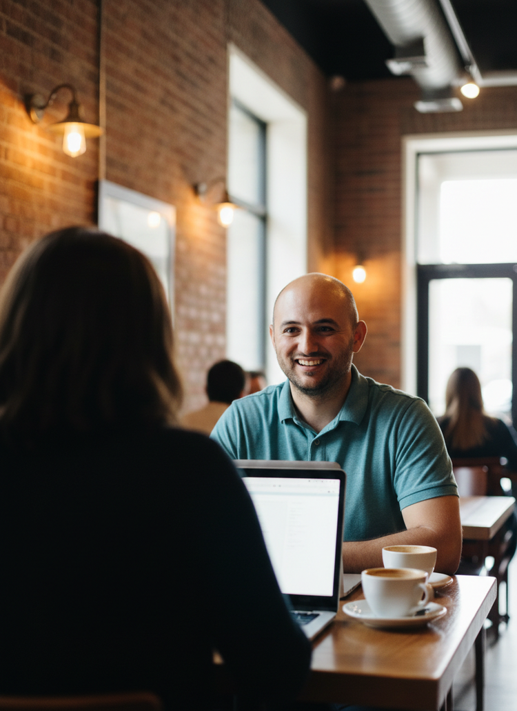 Bobby D'Alessandro meeting with a client over coffee in Jackson, MS