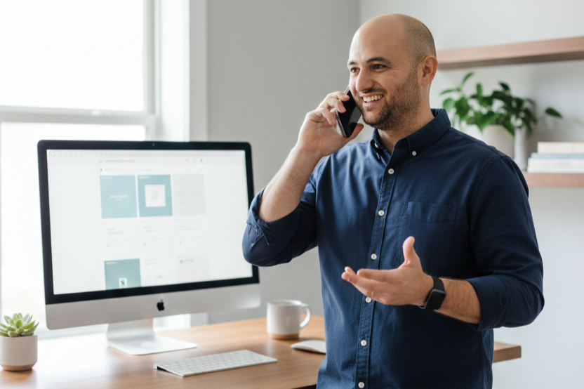 Simple Web Agency web designer on a call with a client