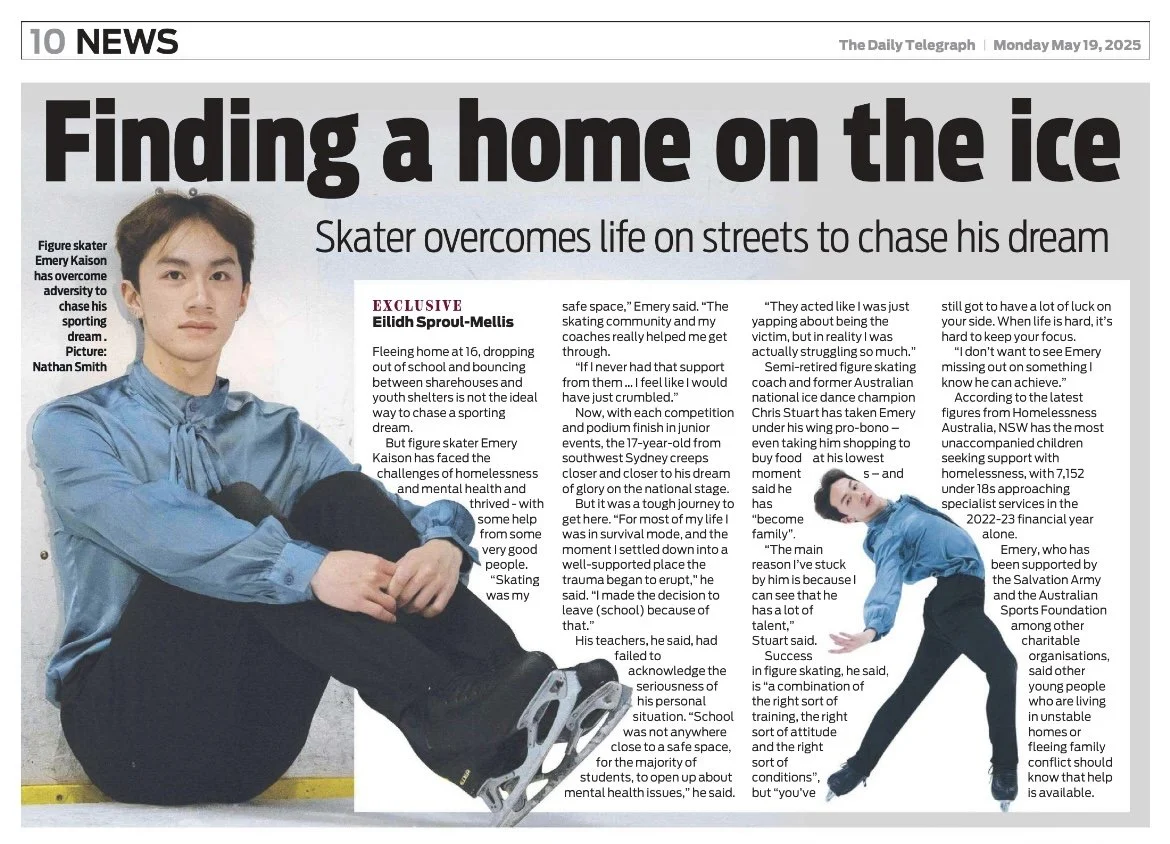 Emery Kaison in a newspaper feature from The Daily Telegraph with skating photos.