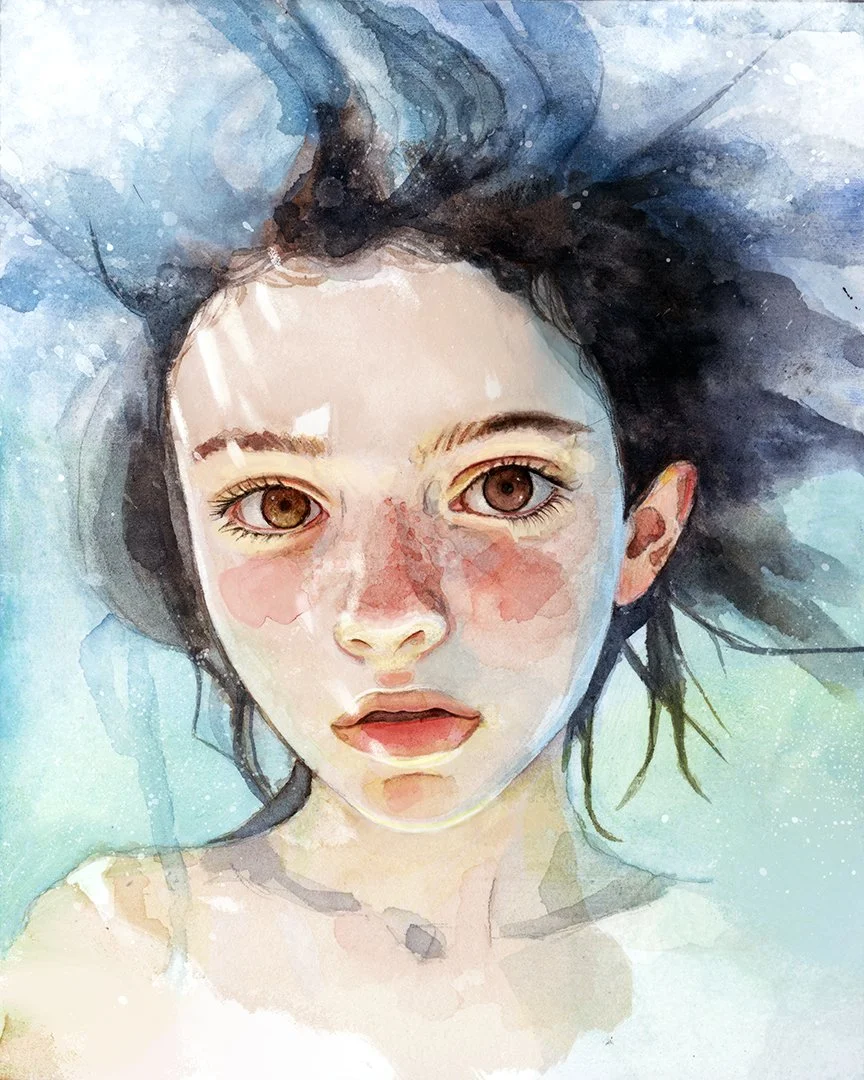 Watercolor portrait of a young woman with fair skin, brown eyes, and dark hair, with a dreamy expression.
