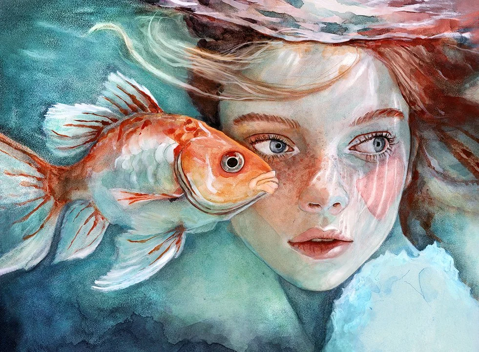 A watercolor painting of a girl with blue eyes and long hair partially submerged in water, with a goldfish swimming close to her face.