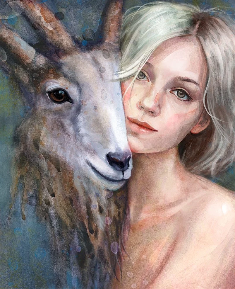 A watercolor-style painting of a young woman with platinum blonde hair and a deer with white and gray fur, sharing a close, intimate pose.