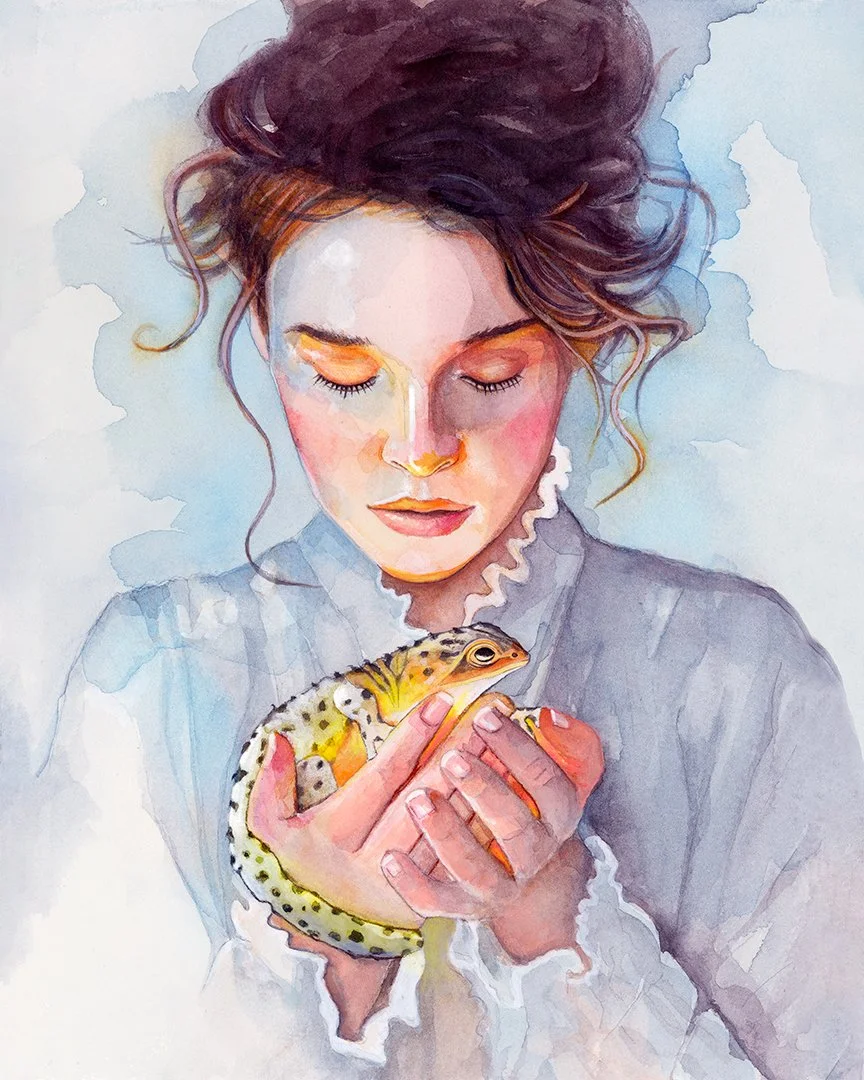 A watercolor painting of a woman with closed eyes holding a small, yellow and black-spotted lizard in her hands. She has curly dark hair and is wearing a high-collared top.