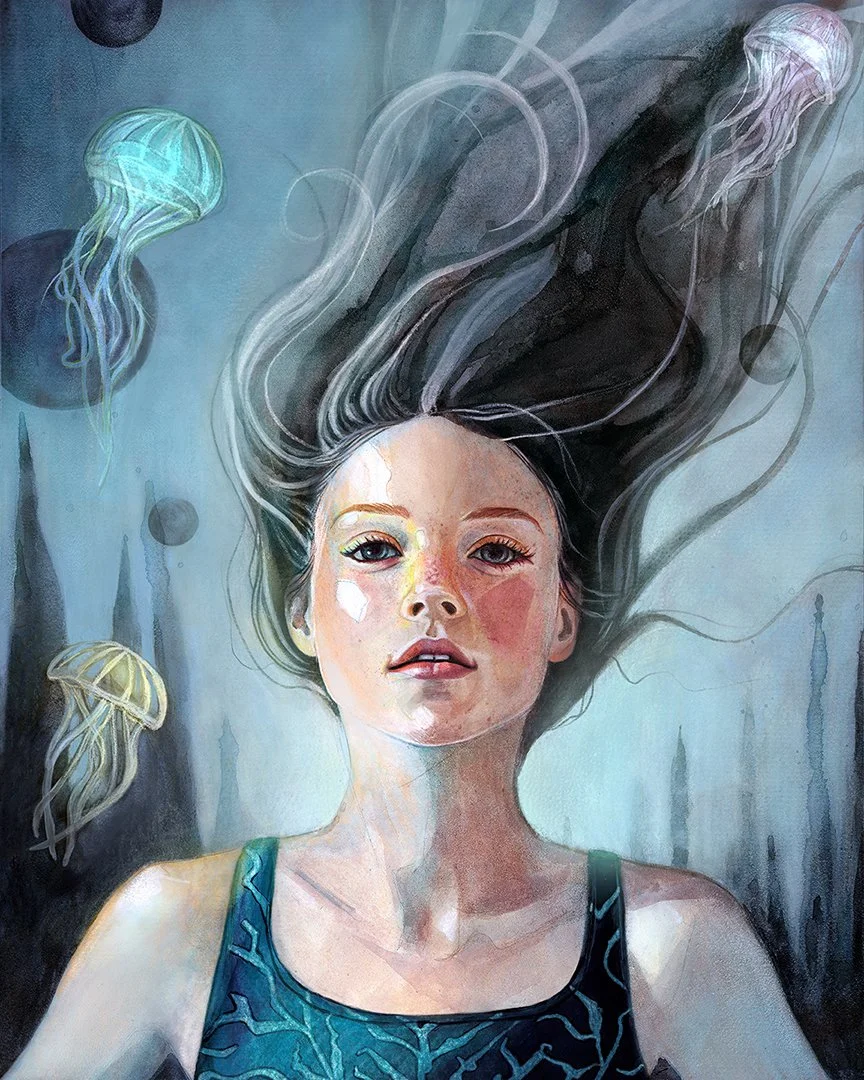 Painting of a young woman with long flowing hair, surrounded by jellyfish, wearing a patterned tank top, underwater scene background.