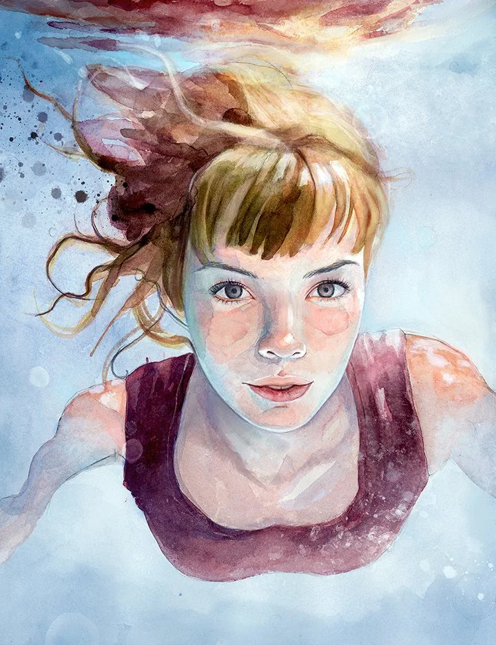 Watercolor painting of a young woman with light brown hair and bangs, wearing a dark top, seen from above as she floats in water.