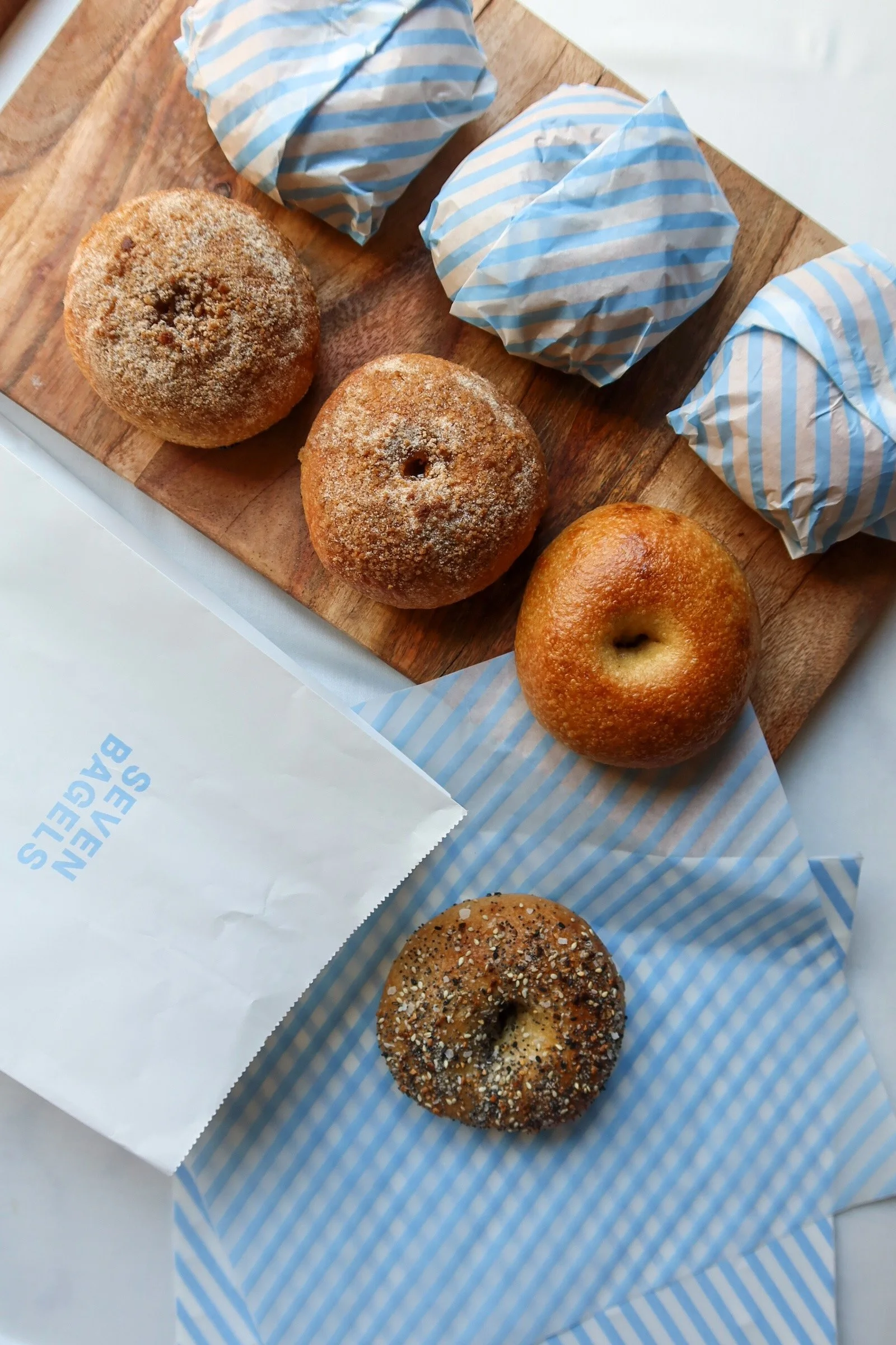 Bagels laying on table
