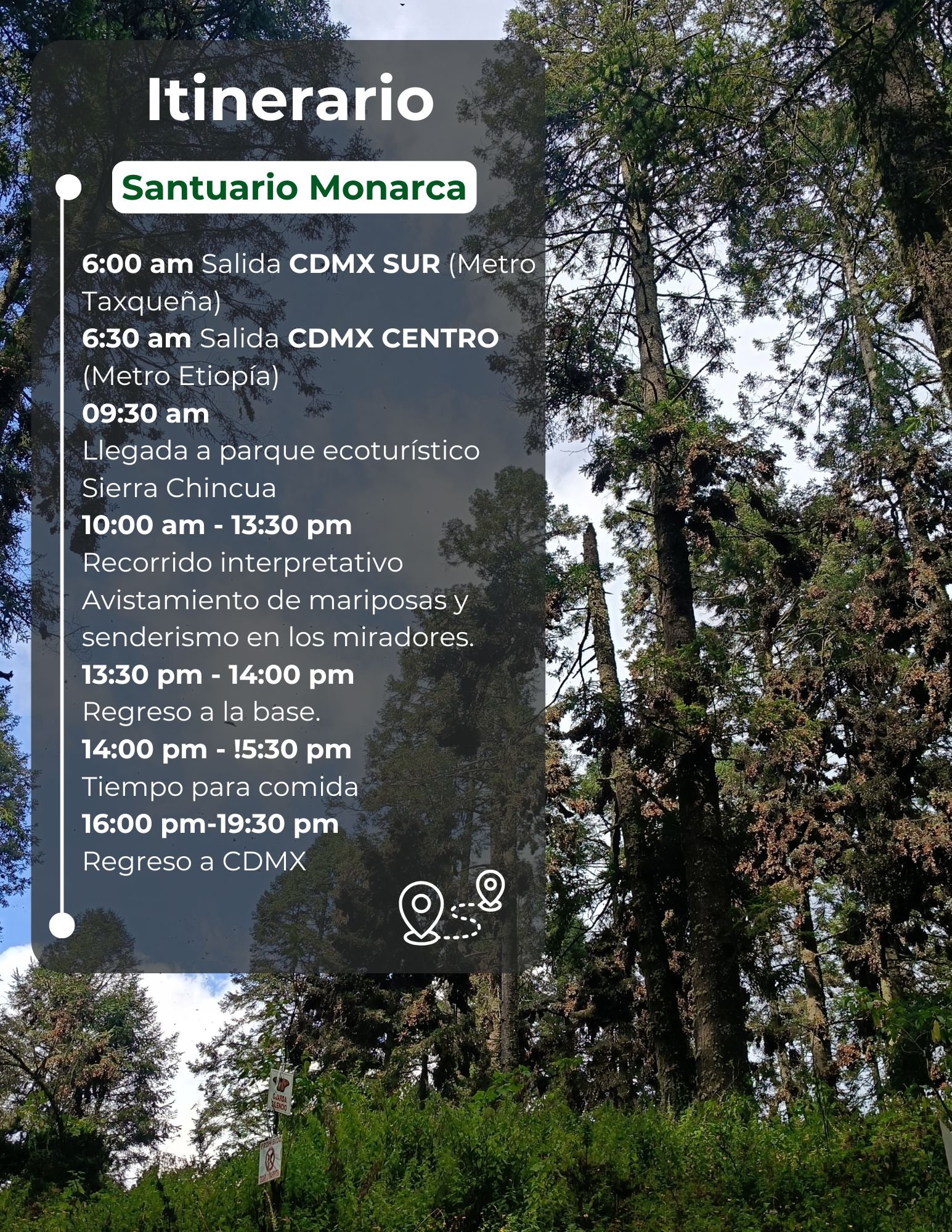 itinerario plan de viaje, mariposa monarca, salida ciudad de méxico, etiopia y taxqueña son puntos de abordaje, sierra chincua