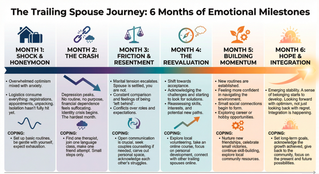 The Trailing Spouse Roadmap: Navigating and Coping the First 6 Months Abroad