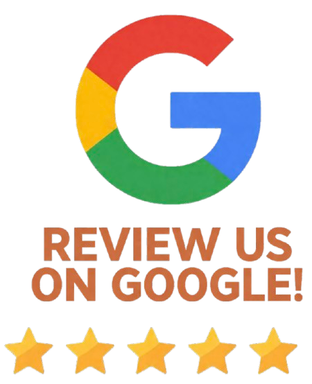 Google logo with the phrase "Review us on Google!" and five gold stars below.