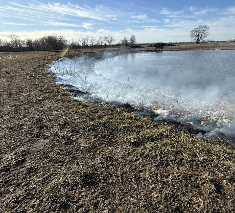 A small grass fire burning along the edge of a lake in a rural area during daytime with bare trees and a clear blue sky.