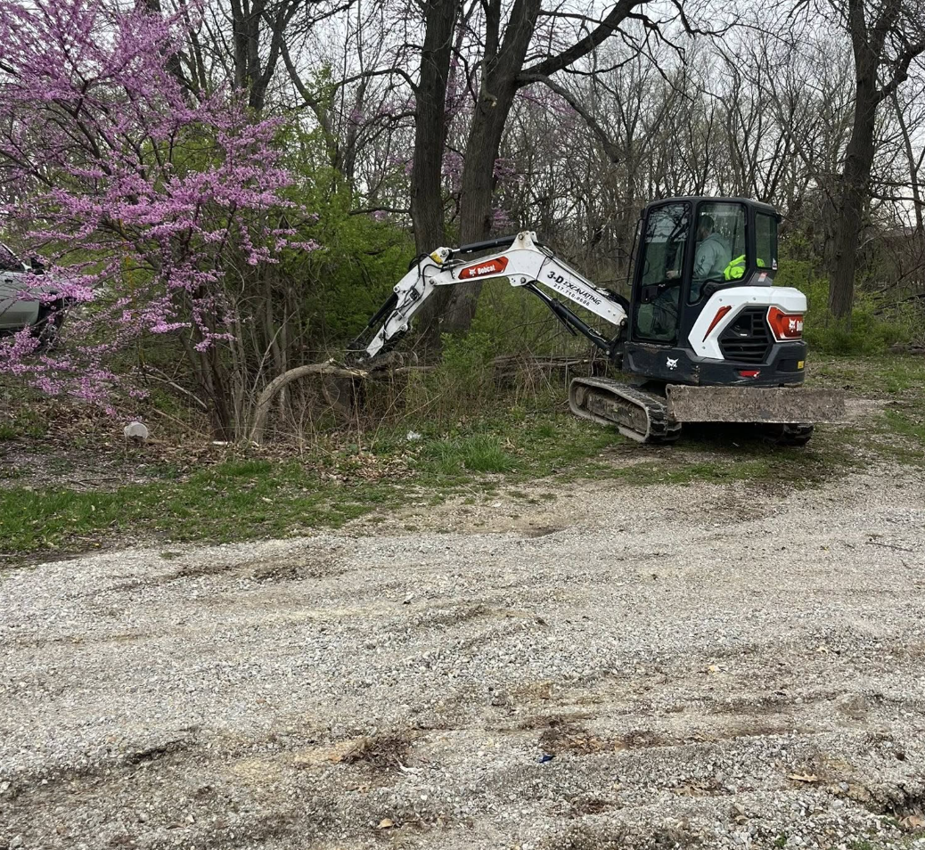 A small tracked excavator digging near a tree with pink blossoms, in a rural area with dirt and gravel ground, and leafless trees in the background.