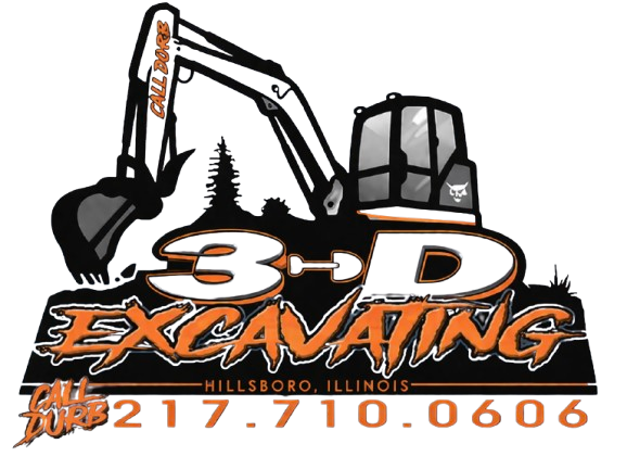 Logo for 3-D Excavating with an illustration of an excavator and contact information in Hillsboro, Illinois.