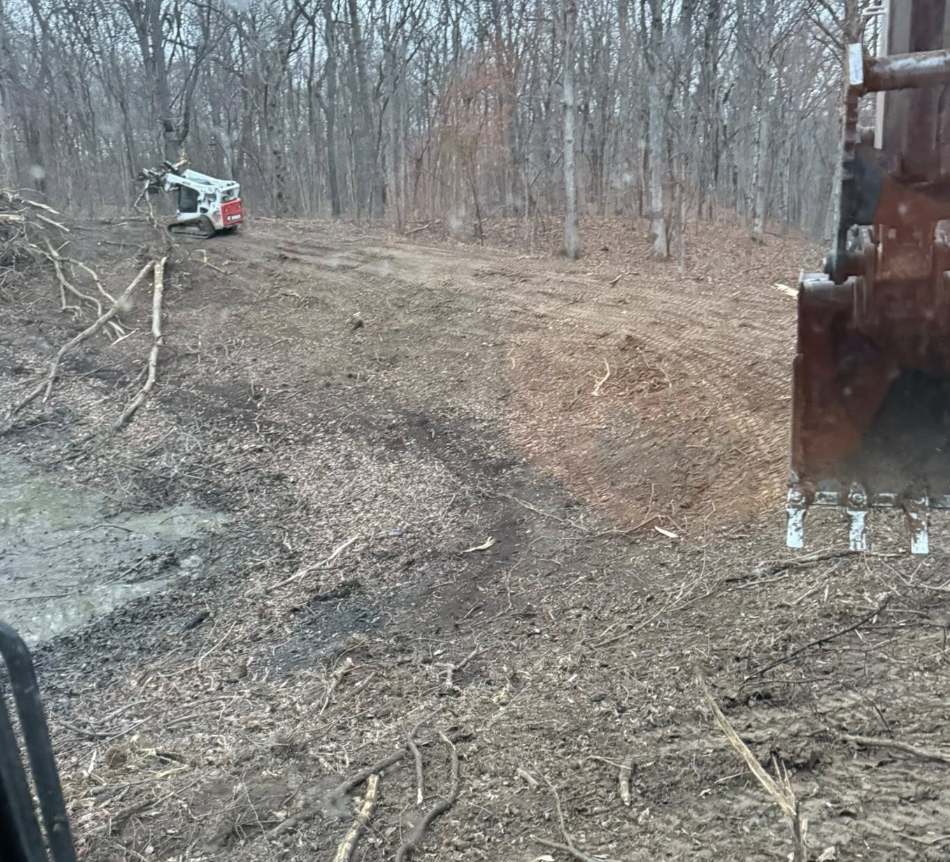 Photo taken from inside a construction vehicle, showing a dirt clearing in a forest with trees in the background, and a small excavator parked on the left side.