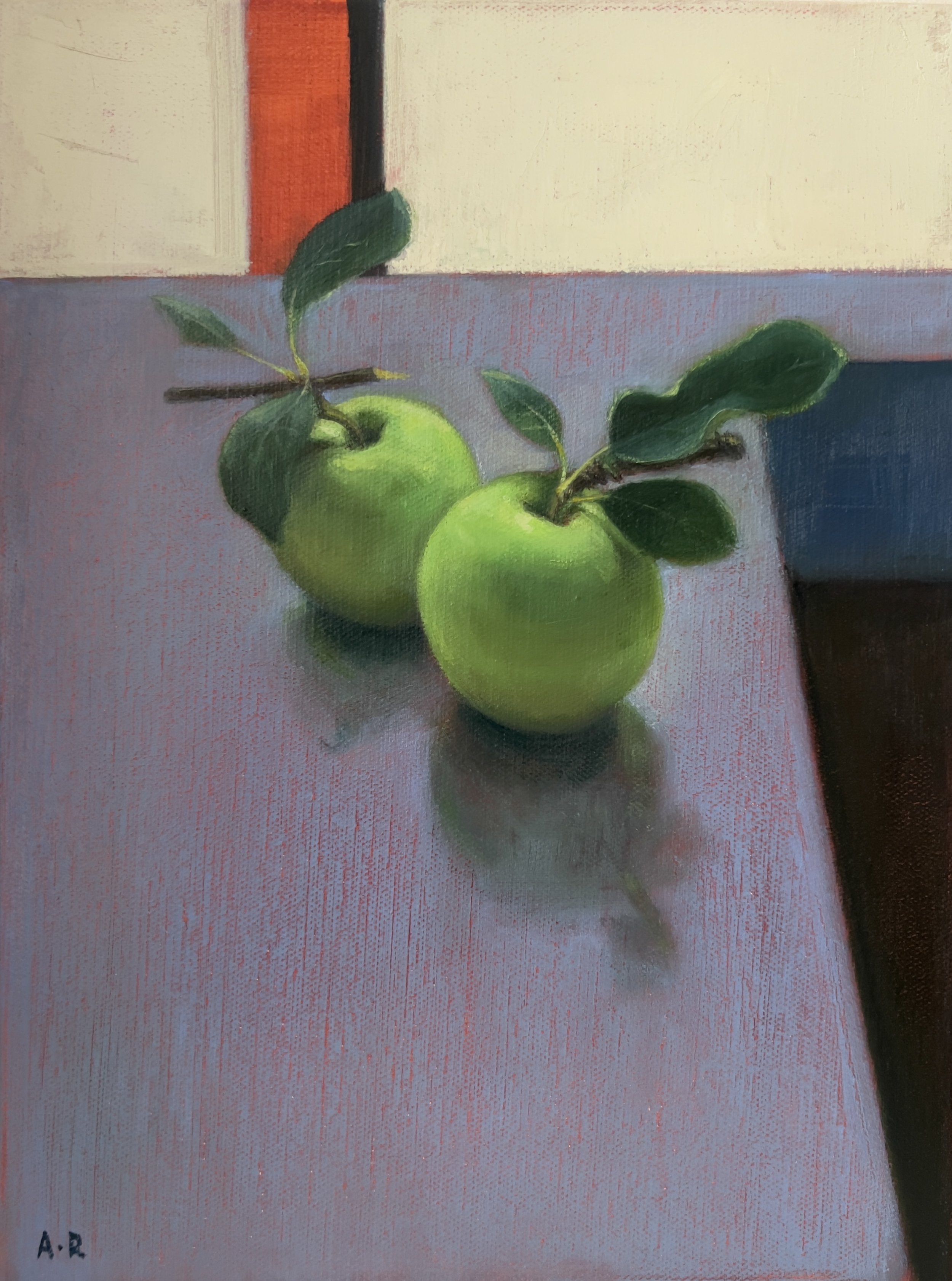 Two apples(Diebenkorn & Mondrian-inspired), 9"x12", oil