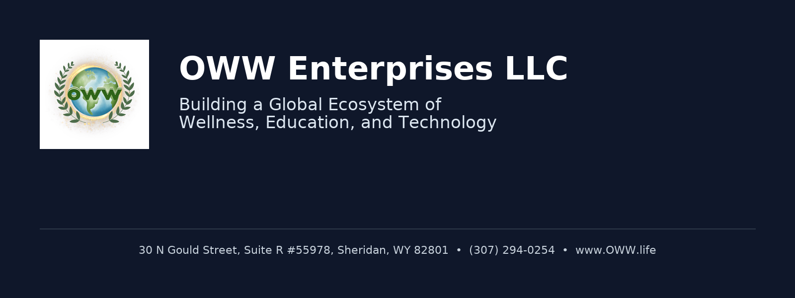 Company business card for OWW Enterprises LLC with logo of a globe surrounded by laurel branches. The card includes the company's tagline, address, phone number, and website.