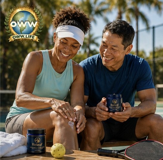 A woman and a man sitting outdoors at a tennis court, smiling and applying sunscreen from containers labeled 'Releaf.'