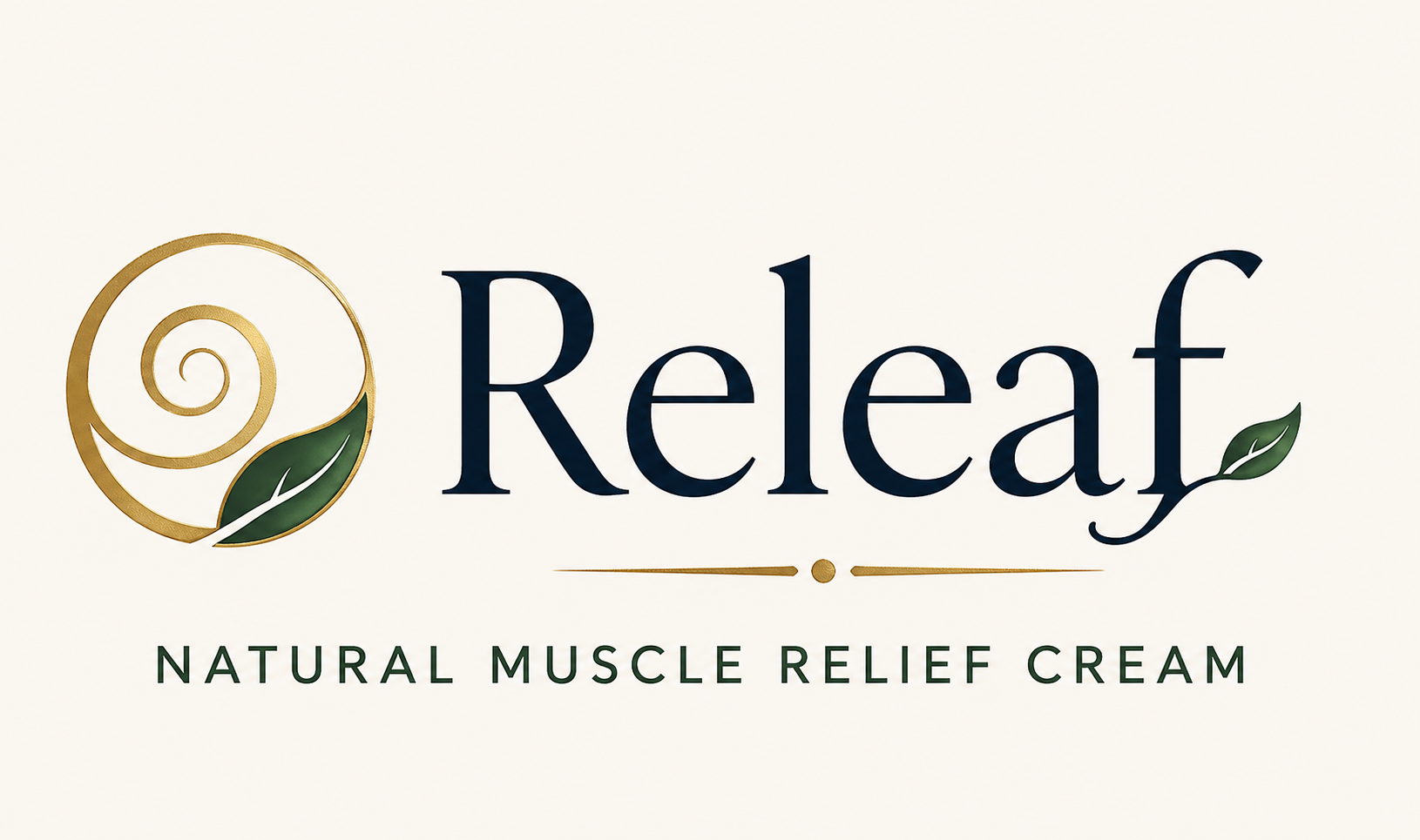 Logo of Releaf, a natural muscle relief cream, with a spiral design, a gold and green leaf, and text in black and green.