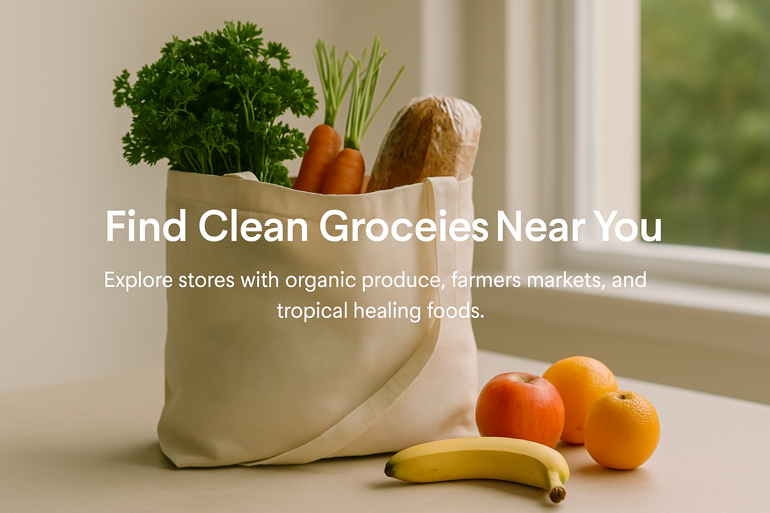 Reusable grocery bag filled with organic produce including carrots, parsley, a baguette, and a banana, with apples and oranges on a white table near a window.