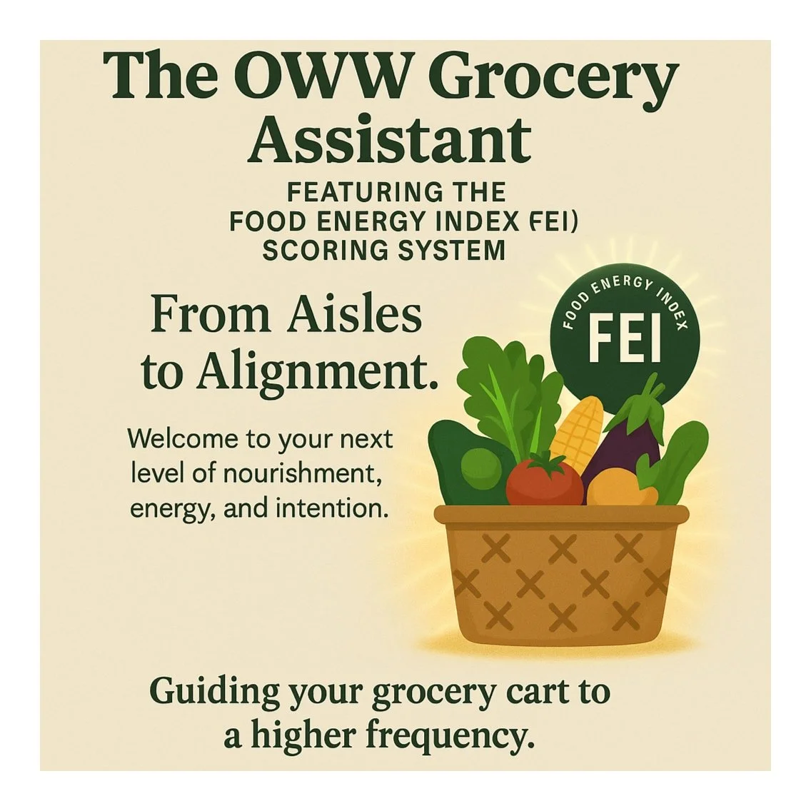 Sign promoting the OWW Grocery Assistant featuring the Food Energy Index scoring system. Illustration of a grocery basket filled with vegetables and fruits, including leafy greens, a tomato, corn, eggplant, and cucumber.
