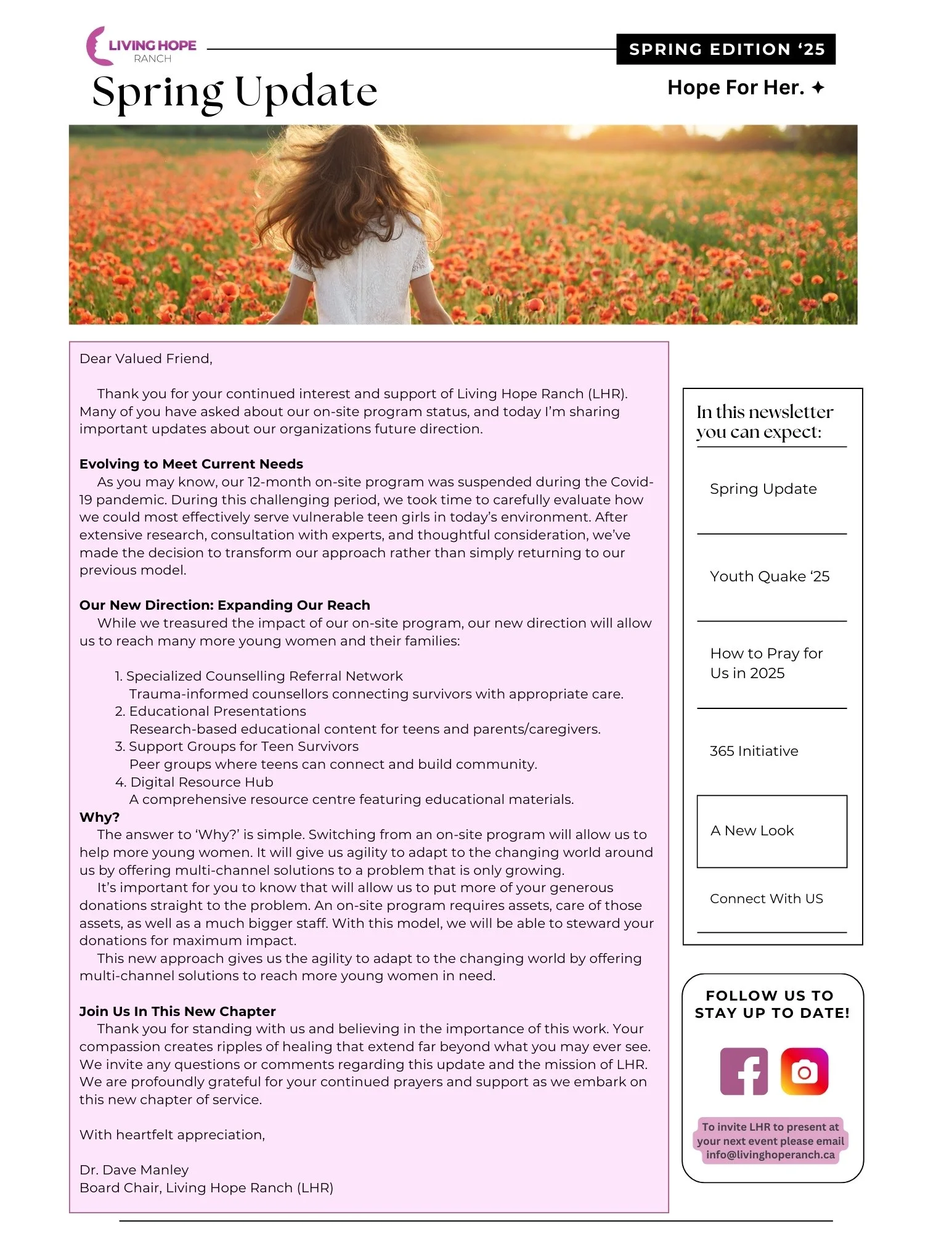 A newsletter titled 'Spring Update' from Living Hope Ranch with a photograph of a girl with red hair in a white dress standing in a field of orange flowers at sunset.