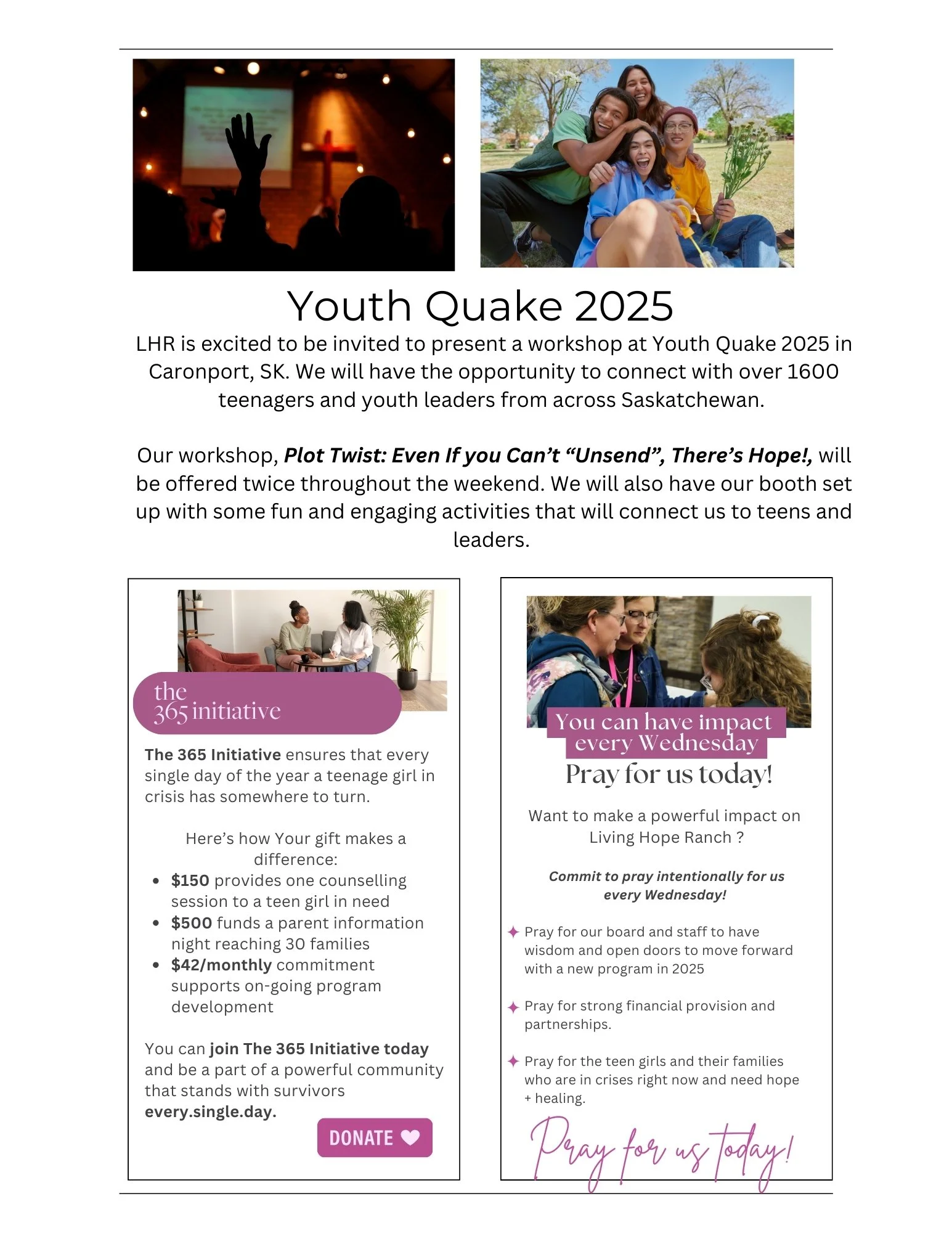 Flyer for Youth Quake 2025 event with two photos at the top and information about workshops and initiatives below. One photo shows a silhouette of a person raising their hand in front of a church with a cross, the other shows a group of young people smiling and sitting on grass outdoors.