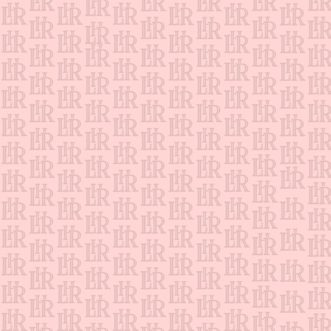 Pink background with repeated light pink 'LR' monogram pattern.