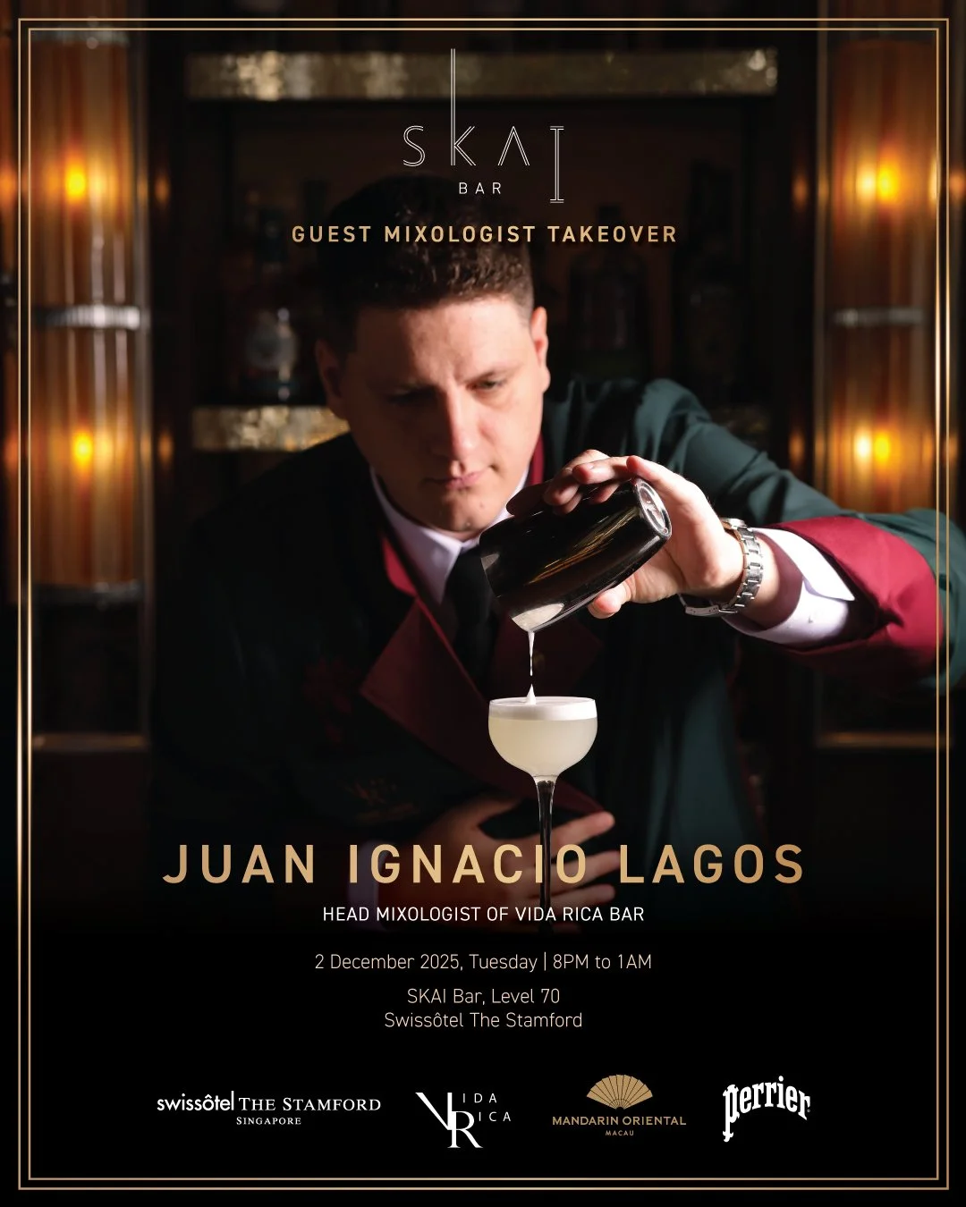 [One Night Only] Vida Rica Bar Takeover at SKAI Bar

This Tuesday, 2 December 2025, SKAI Bar welcomes Macau&rsquo;s acclaimed Head Mixologist Juan Lagos of Vida Rica Bar for an exclusive takeover, created in collaboration with Perrier.

Bringing his 